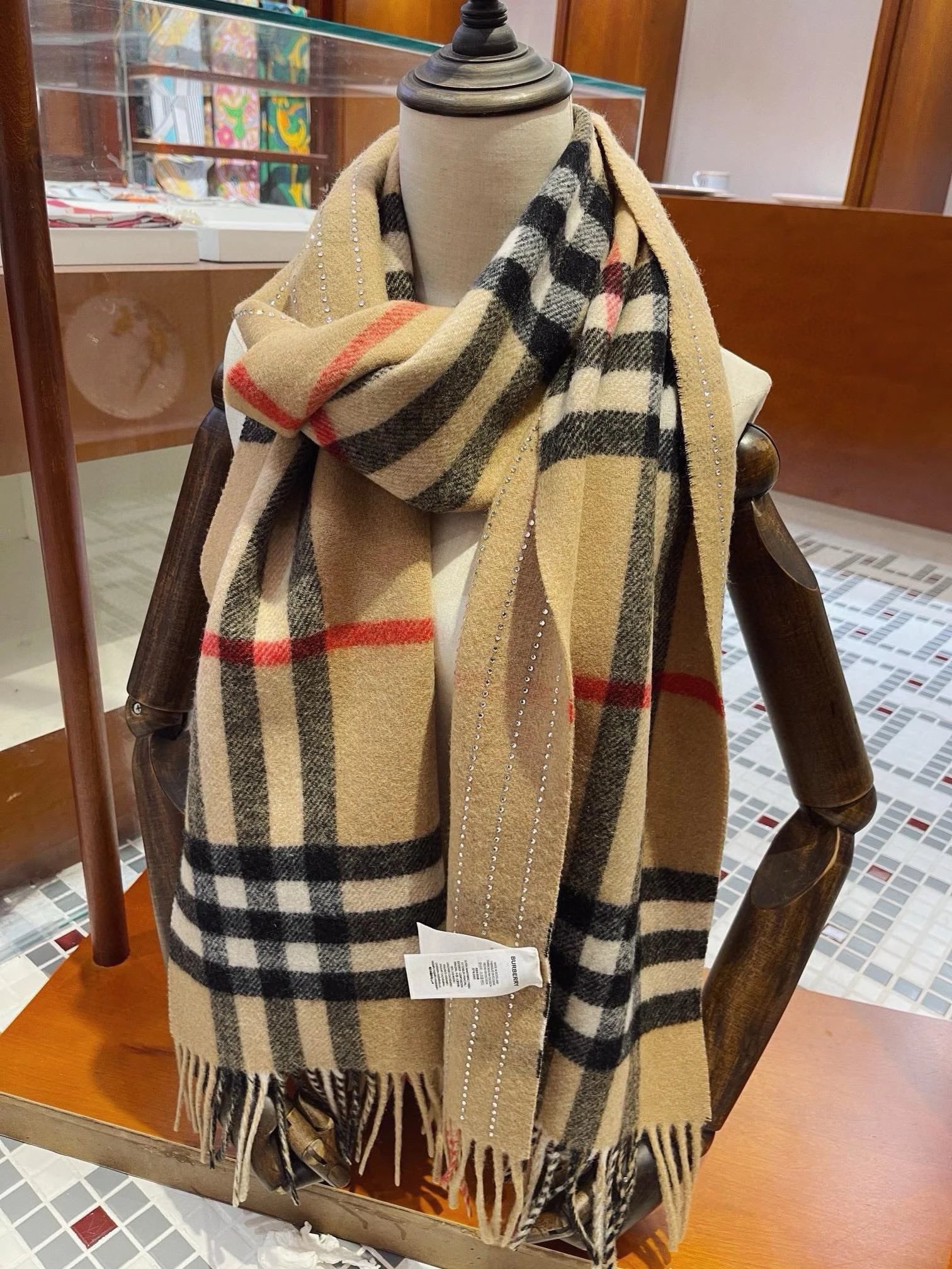 Burberry Check Crystal Embellished Scarf Beige