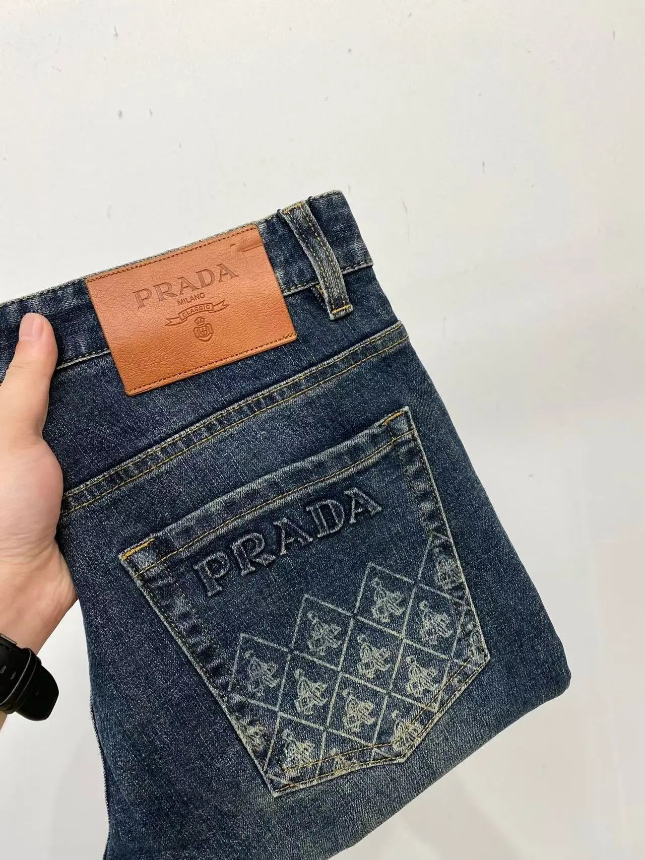 Prada Embroidered Denim Jeans Blue